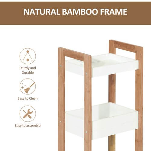 3-tier bathroom shelves with natural bamboo frame, easy to clean and assemble, sturdy and eco-friendly design.