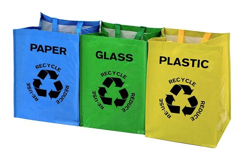 Vinsani Set Of 3 Recycling Bags featuring blue paper, green glass, and yellow plastic bags for organized recycling.