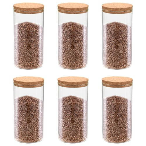 Set of 6 storage glass jars with cork lids filled with grains, perfect for kitchen storage and organizing dry foods.