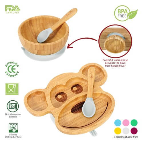 Vinsani bamboo monkey plate and bowl set with spoon, featuring a non-slip base and natural, BPA-free materials.