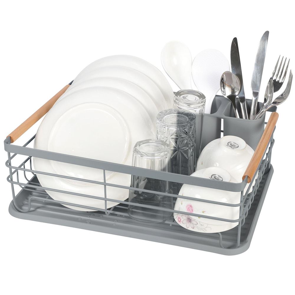 Deluxe Minimalist Dish Drainer Drying Rack with Wooden Handles