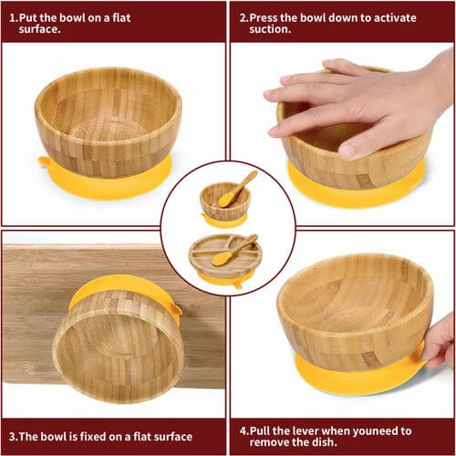 Vinsani bamboo bowl with non-slip base, showing steps to activate suction for easy mealtime use with kids.