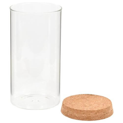Transparent glass storage jar with cork lid, ideal for kitchen food organization