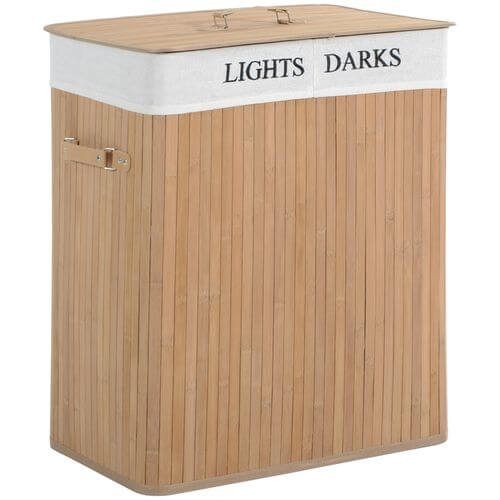 Eco-friendly collapsible bamboo laundry basket with lid for sorting lights and darks.