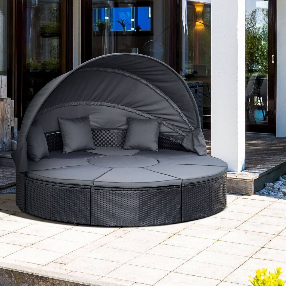 Outdoor Garden Daybed Set w/ Cushioned Round Sofa Bed