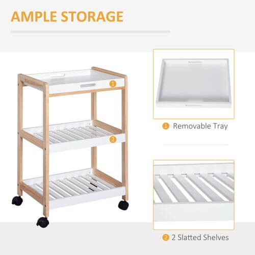 Kitchen trolley with removable tray and two slatted shelves for versatile kitchen storage on wheels.