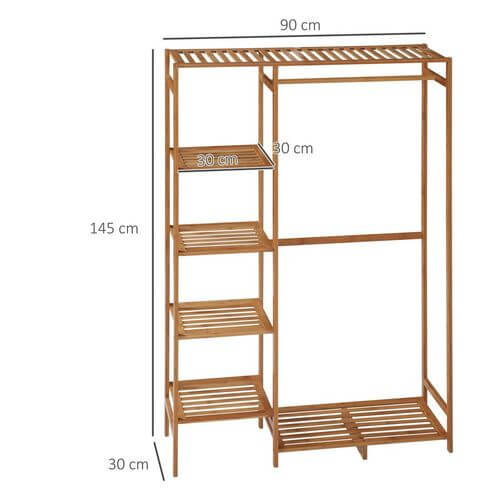 Bamboo Clothes Rail Garment Rack with 6 Tier Storage Shelf, dimensions 90 cm wide, 145 cm high, and 30 cm deep.