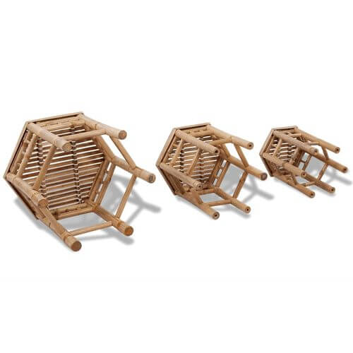 Set of 3 eco-friendly bamboo garden stools stacked, showcasing natural design for outdoor spaces.