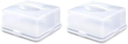 2 transparent plastic cake storage boxes with ergonomic handles for easy transport and storage of cakes.