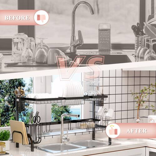 HOMCOM Over The Sink Dish Drainer Rack, 2 Tier Dish Rack for Kitchen, Black