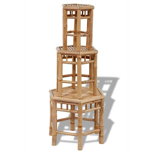 Set of 3 eco-friendly bamboo stools stacked, ideal for garden furniture and outdoor spaces.