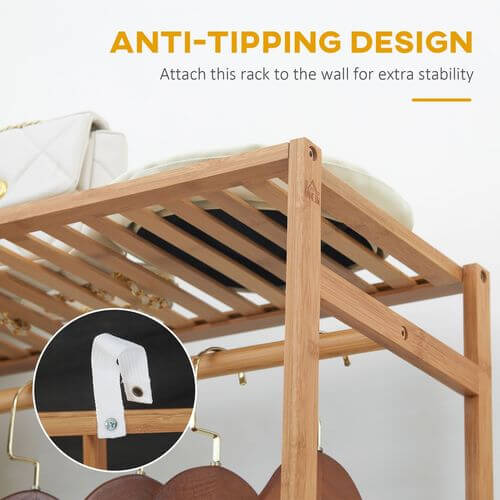 Bamboo clothes rail showcasing anti-tipping design for extra stability with hanging and shelf storage.