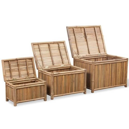 Storage Boxes Eco-Friendly Bamboo 3 pcs set featuring rustic design with lids open for versatile storage solutions.