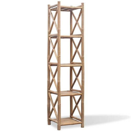 5-Tier Square Eco-Friendly Bamboo Shelf for home storage, perfect for towels, books, or plants in compact spaces.