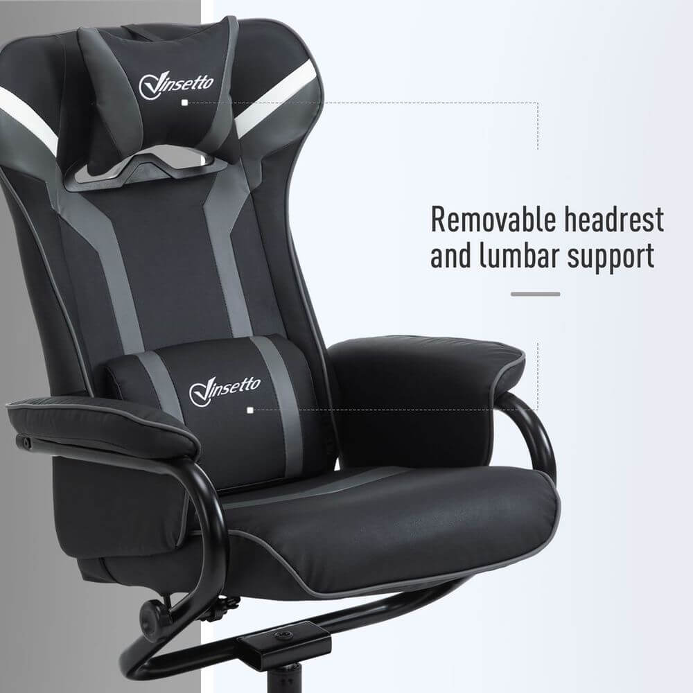 Video Game Chair & Footrest Set Racing Style w/ Pedestal Base, Deep Grey