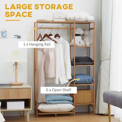 Bamboo Clothes Rail Garment Rack featuring 1 hanging rail and 6 tier open shelves for organized storage, eco-friendly design.