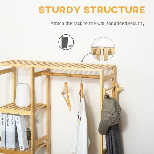 Sturdy bamboo coat rack with hooks and shelves for secure clothing storage and organization.