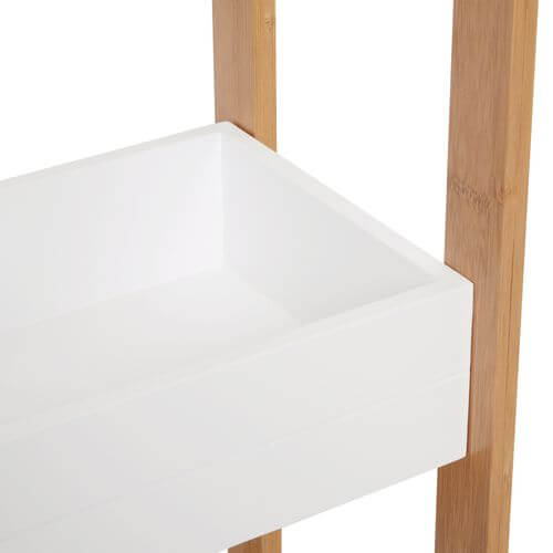 Close-up of a white storage box on a 3-tier bamboo bathroom shelf, showcasing eco-friendly design.