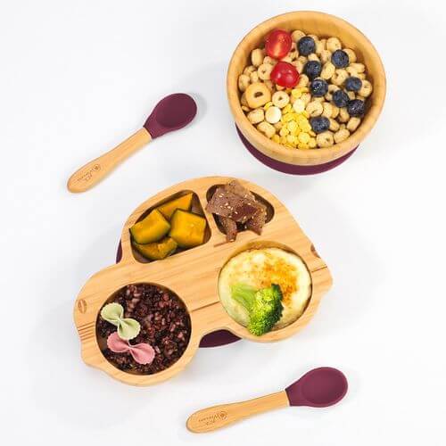 Vinsani natural bamboo kids plate with bowl, two spoons, and four food sections; non-slip base and easy to clean.