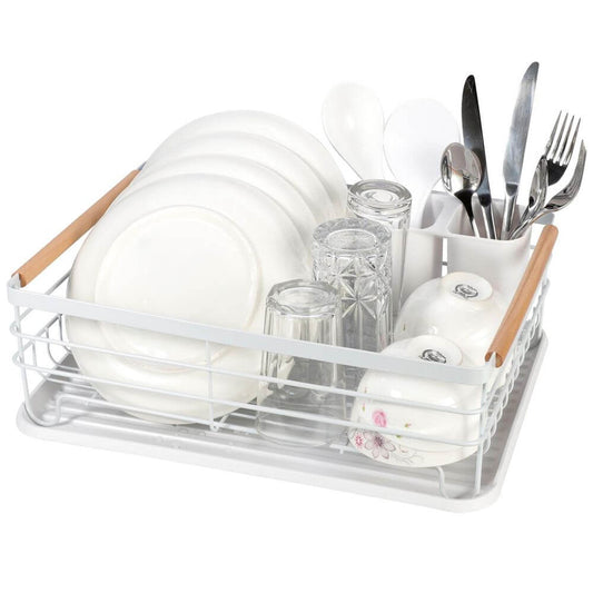 Deluxe Minimalist Dish Drainer Drying Rack with Wooden Handles