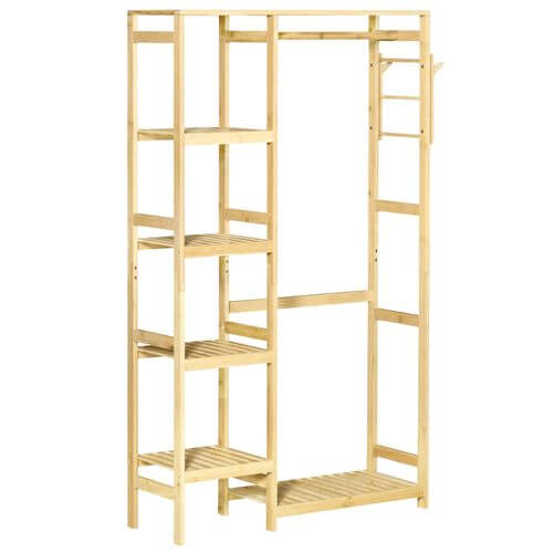 Eco-friendly bamboo coat rack with hooks, hanging rail and storage shelves for clothes and accessories.