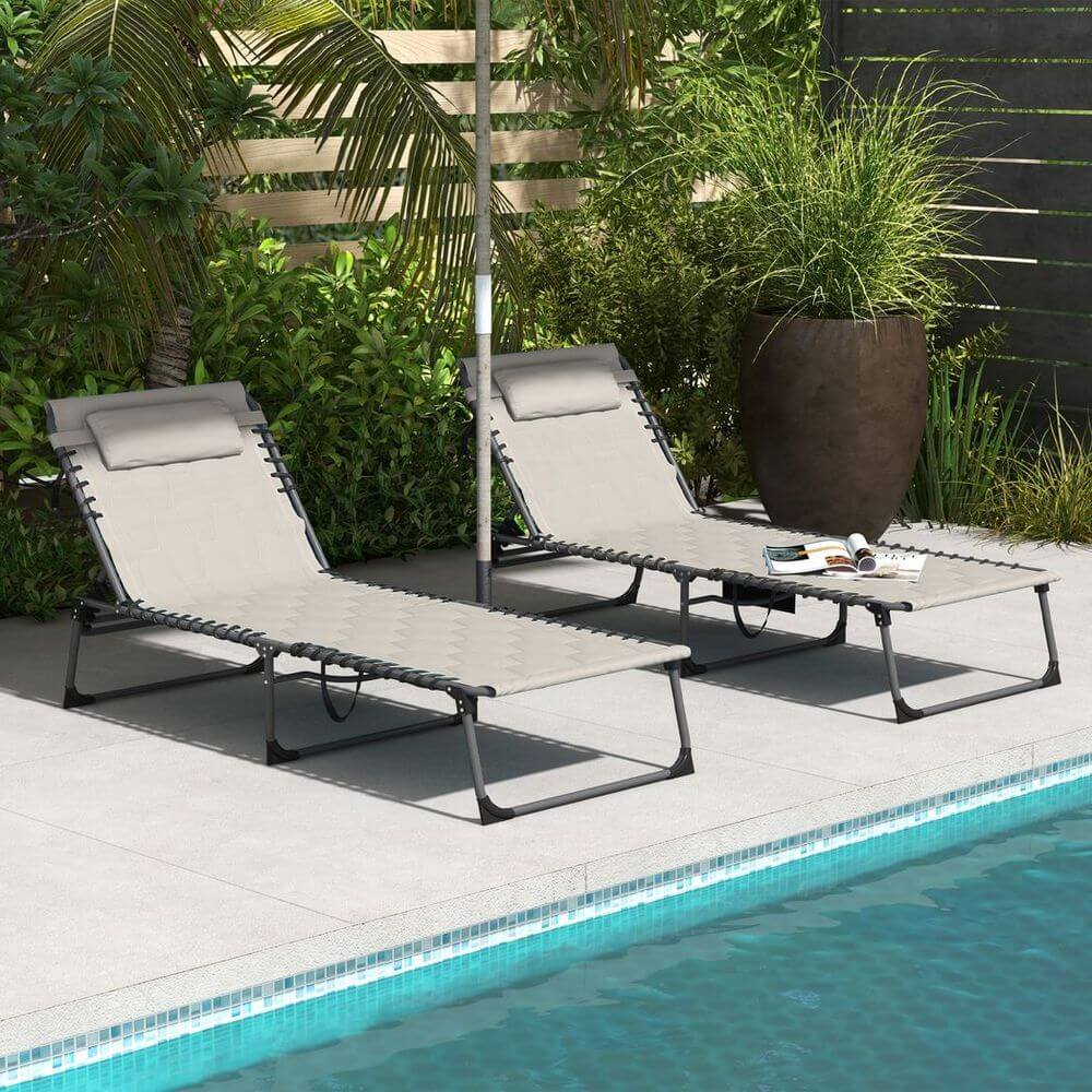 Foldable Sun Lounger Set, 2 Pieces Sun Lounger w/ Padded Seat Khaki