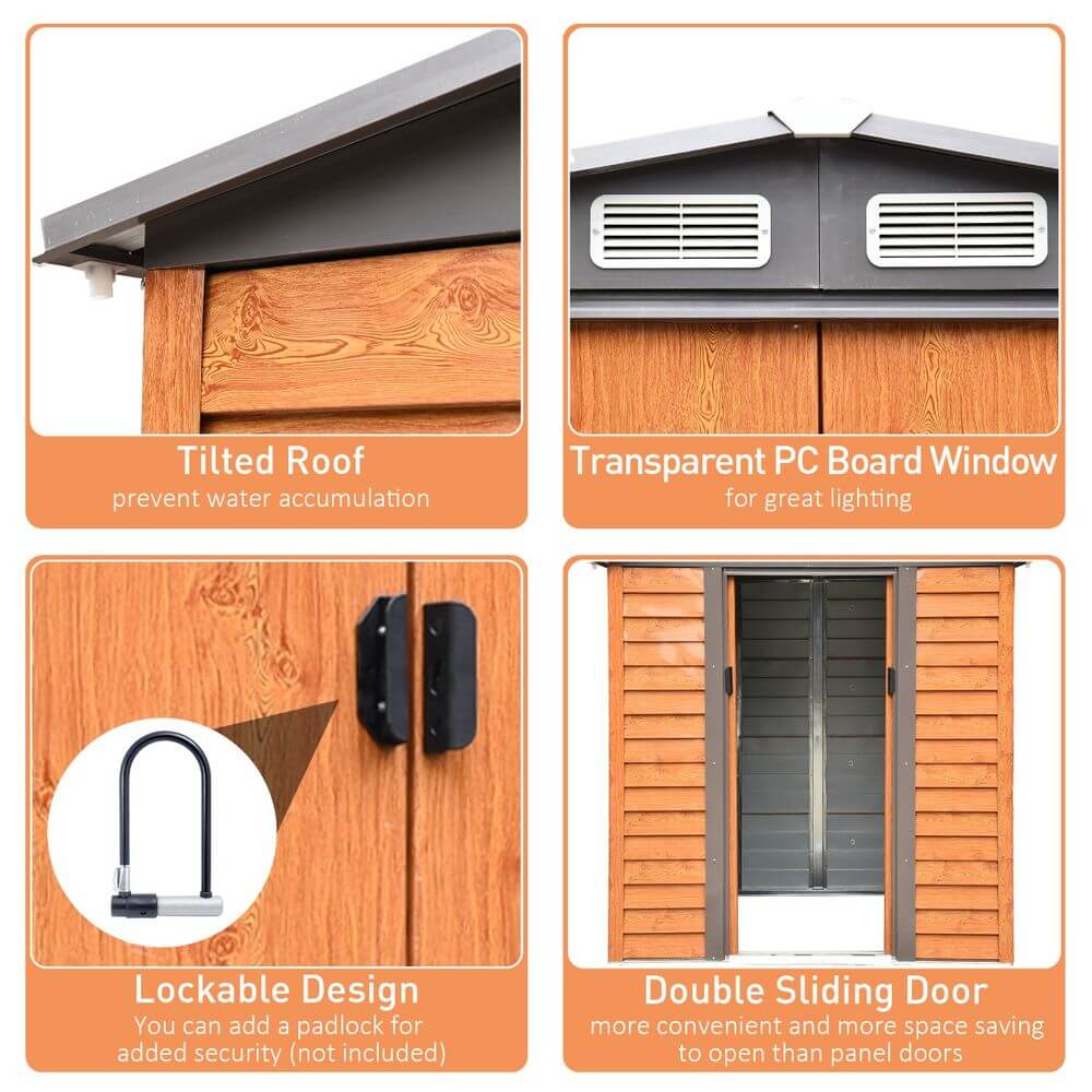 6x5ft Metal Garden Shed House Gardening Tool Storage Brown 193Lx152Wx203Hcm