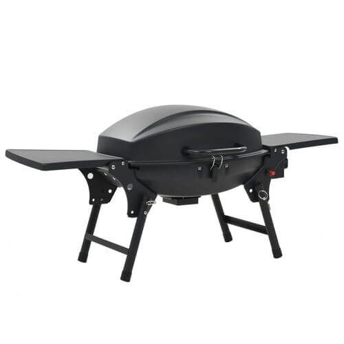 Black portable gas BBQ grill with foldable side tables, perfect for outdoor entertaining and cooking.