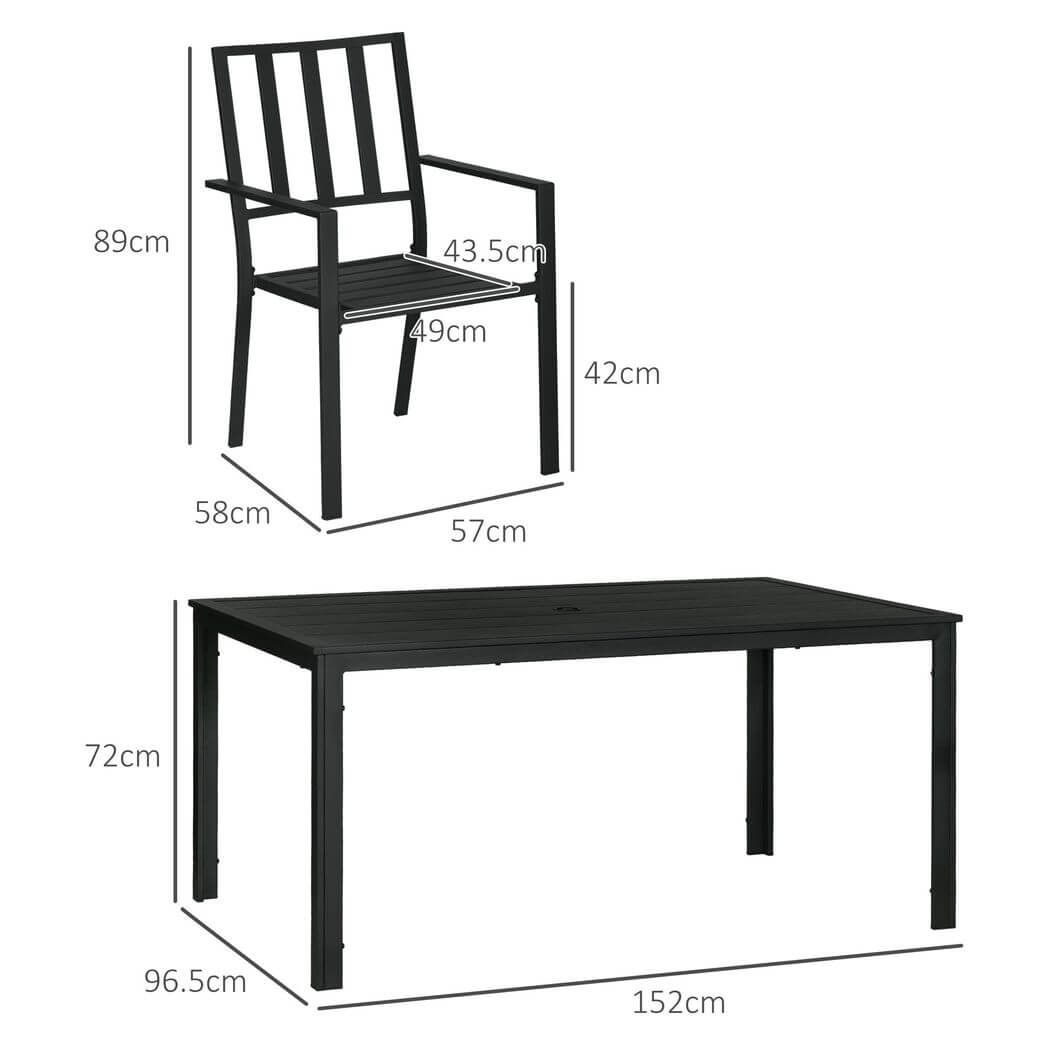 Outsunny 7 PCs Garden Dining Set w/ Stackable Chairs and Metal Top Table, Black