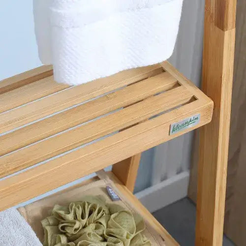 Bamboo Towel Rack Freestanding Foldable with 3 Bars and Shelves for Bathroom