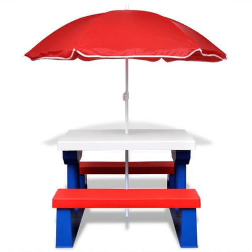 Kids' picnic table with red parasol and benches, perfect for outdoor seating and fun games in the garden.