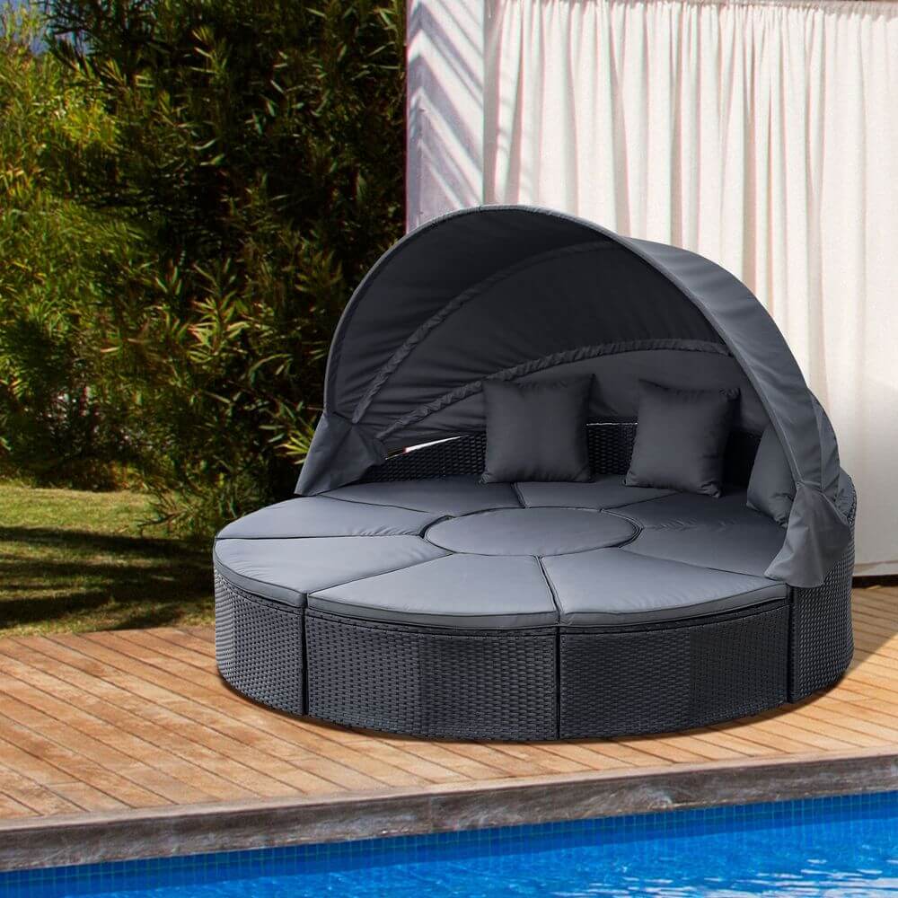 Outdoor Garden Daybed Set w/ Cushioned Round Sofa Bed