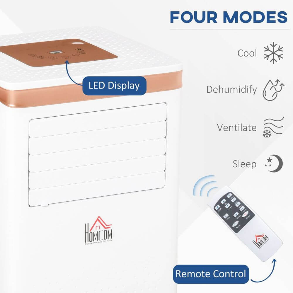 10000 BTU portable air conditioner with LED display showing four modes: cool, dehumidify, ventilate, and sleep.