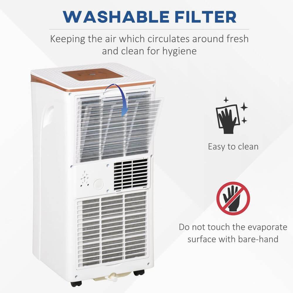 Washable filter of portable air conditioner, promoting fresh air circulation and easy cleaning for hygiene.