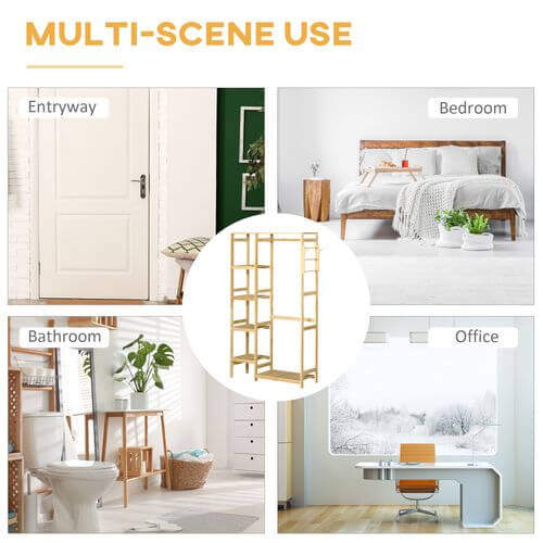 Bamboo coat rack showcasing multi-scene use in entryway, bedroom, bathroom, and office with stylish storage solutions.