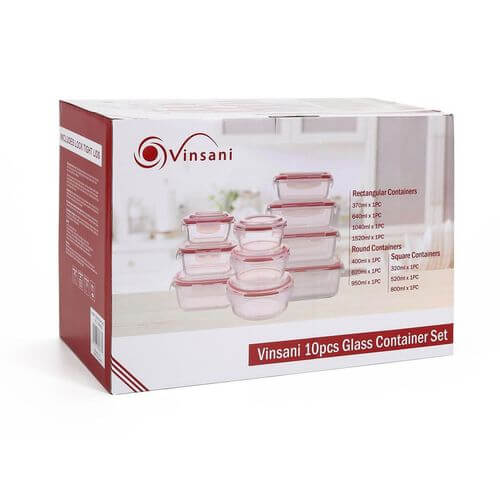 Vinsani Glass Food Containers 10 Pack Rectangle Round Square Food Meal Prep Lunch Boxes with Lids Airtight Heat Resistant Leakproof Lid BPA-Free Dishwasher Microwave Oven Freezer Safe