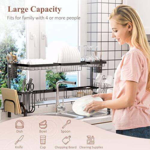 HOMCOM Over The Sink Dish Drainer Rack, 2 Tier Dish Rack for Kitchen, Black