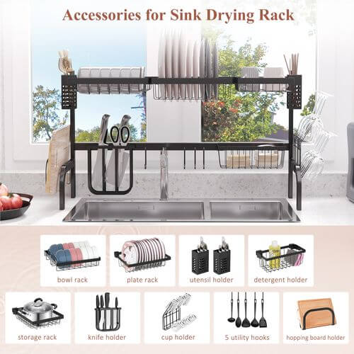 HOMCOM Over The Sink Dish Drainer Rack, 2 Tier Dish Rack for Kitchen, Black