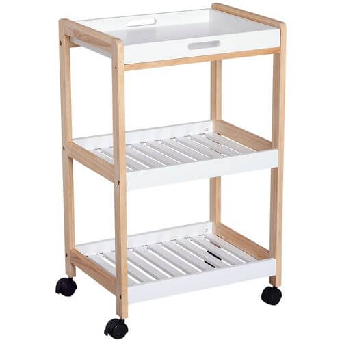 Bamboo MDF kitchen trolley with three shelves and wheels for easy mobility, suitable for kitchen storage and organization.