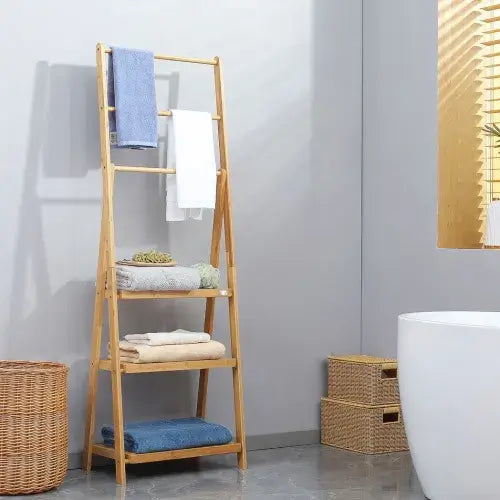 Bamboo Towel Rack Freestanding Foldable with 3 Bars and Shelves for Bathroom