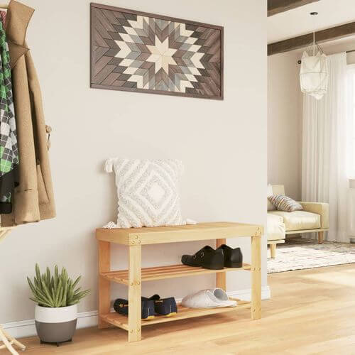 Eco-Friendly Bamboo Shoe Rack 3-Tier with shoes, enhancing tidy shoe storage in a stylish living space.