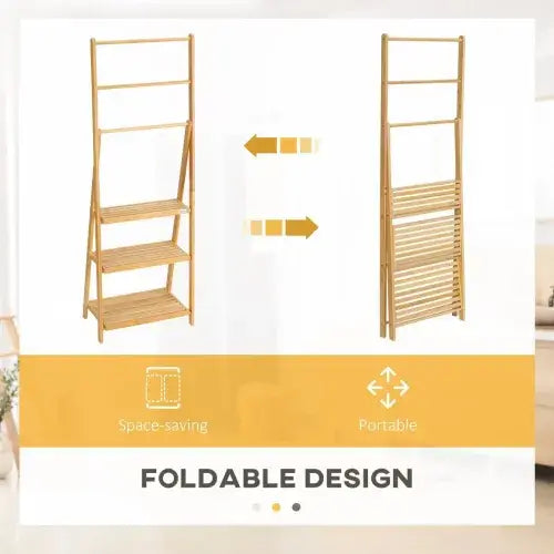 Bamboo Towel Rack Freestanding Foldable with 3 Bars and Shelves for Bathroom