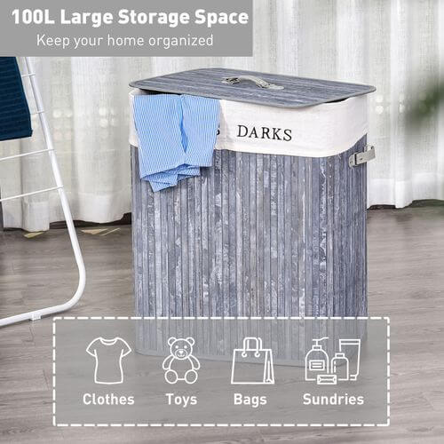 Bamboo Laundry Hamper Removable Lining Large Double Compartments