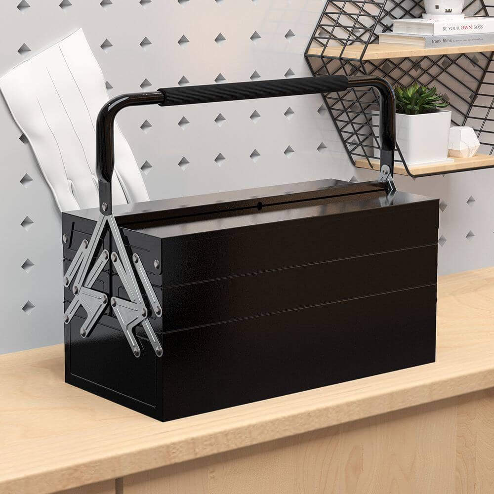 3 Tier Metal Toolbox with 5 Tray Carry Handle Black
