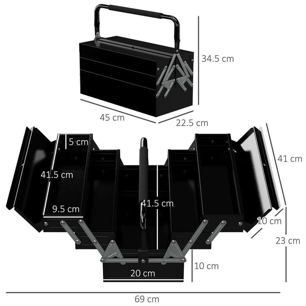 3 Tier Metal Toolbox with 5 Tray Carry Handle Black