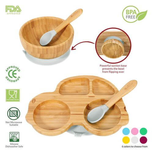 Vinsani Bamboo kids plate, bowl, and spoon set with non-slip base, all-natural materials, and powerful suction for easy cleaning.