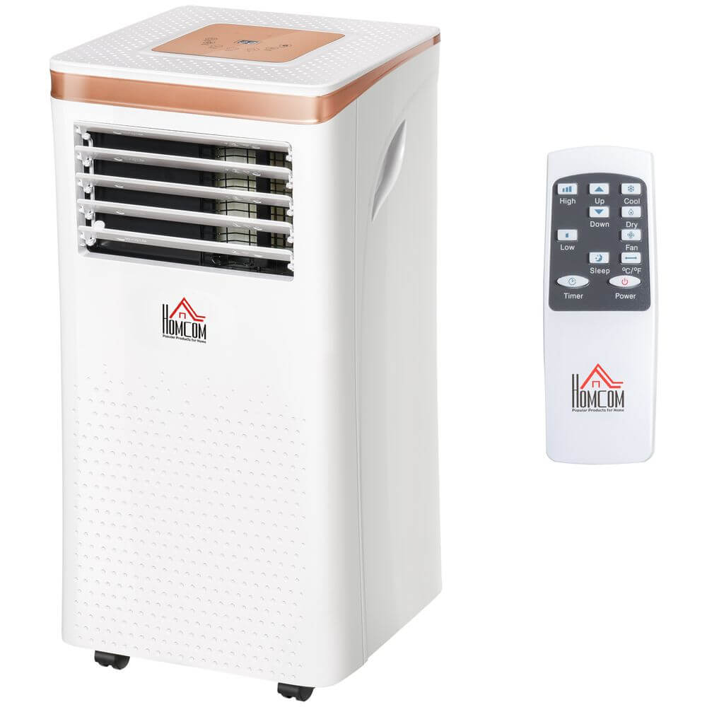 10000 BTU portable air conditioner with LED display and remote control for cooling, dehumidifying, and sleep modes.