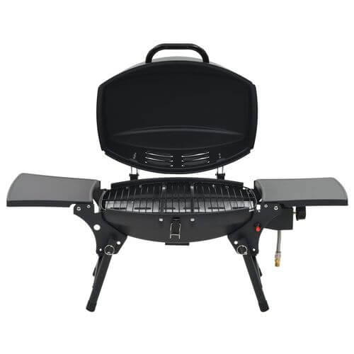 Portable black gas BBQ grill with cooking zone, perfect for outdoor entertaining and family gatherings.