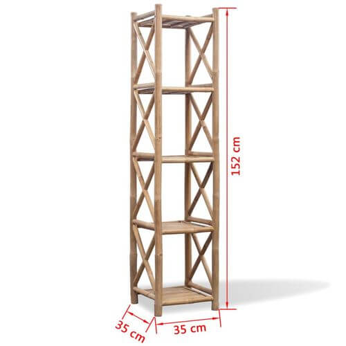 5-tier square eco-friendly bamboo shelf with measurements, ideal for home storage and small spaces.