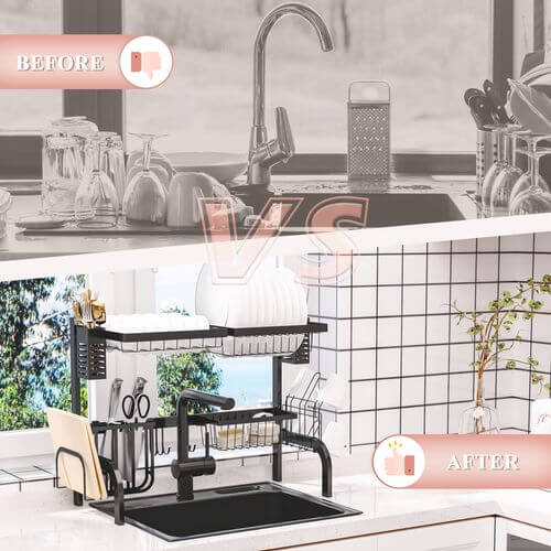 HOMCOM Over The Sink Dish Drainer Rack, 2 Tier Dish Rack for Kitchen, Black
